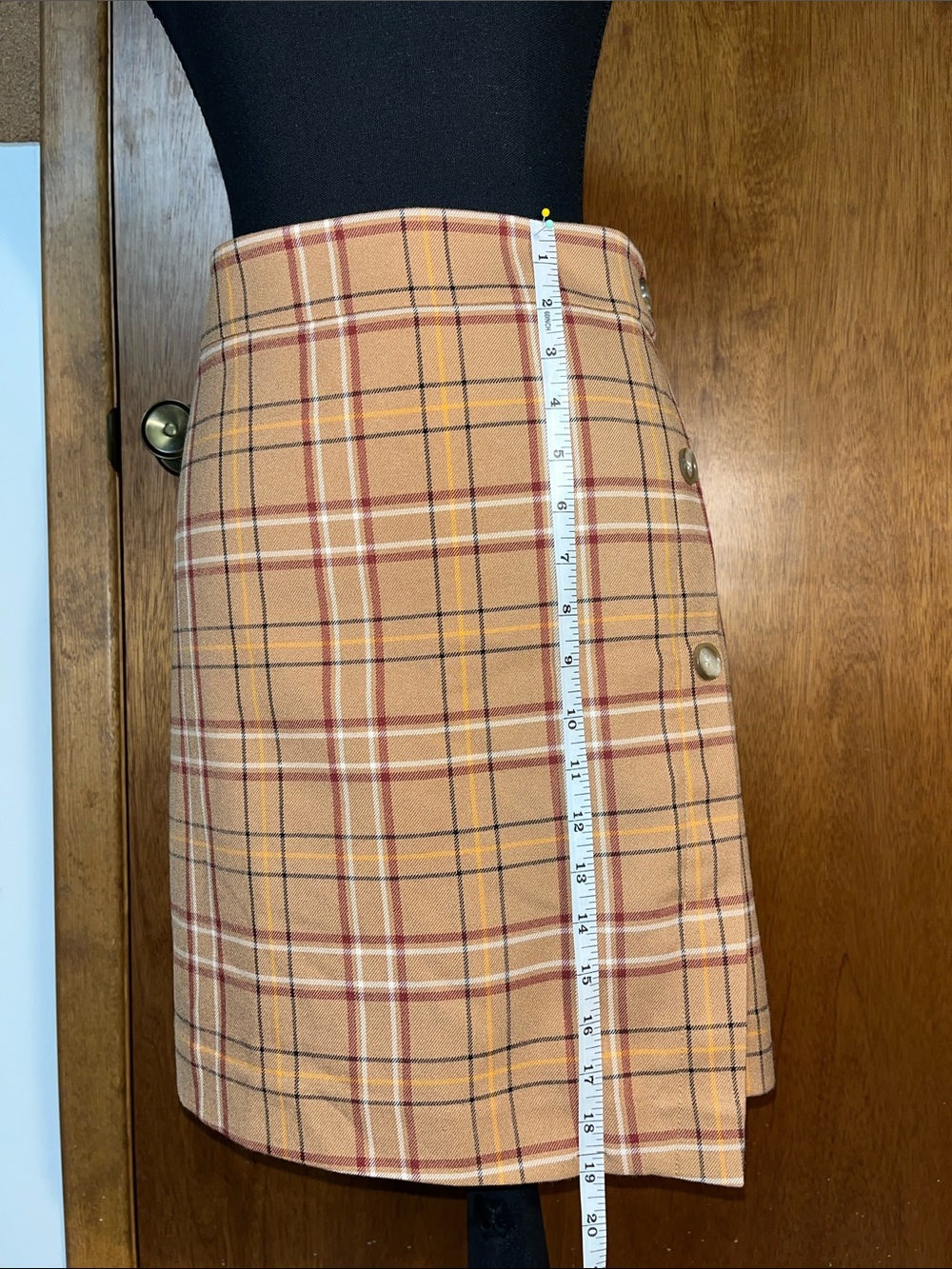 LOFT Tan Plaid Mini Skirt with burgundy and Cream Stripes